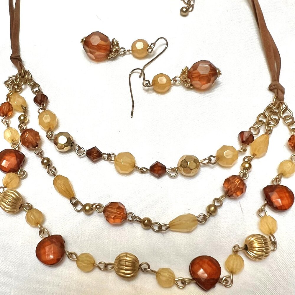 Vintage 2 Piece Necklace Earrings Amber and Gold Faux Crystal Beads, 3 Strands